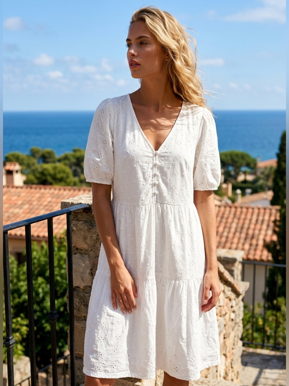 LOFT White Eyelet V-Neck Tiered Midi Dress